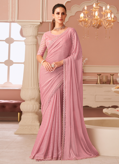 Pink Georgette Sequins Embroidered Patch Border Party Wear Saree