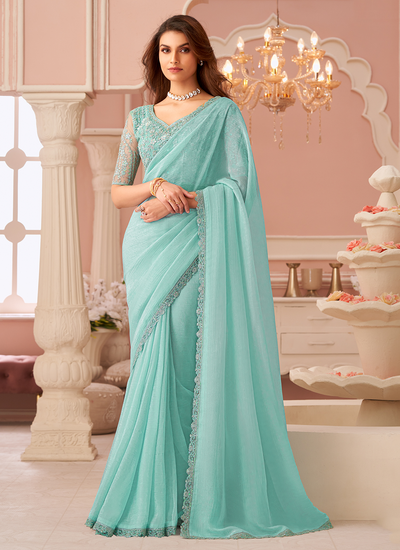 Georgette Sky Blue Sequins Embroidered Patch Border Party Wear Saree