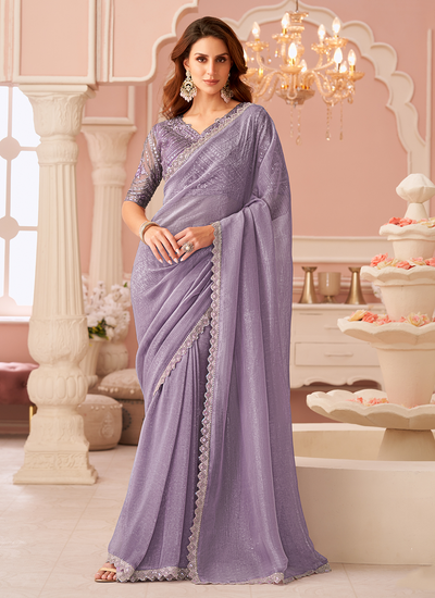 Lavender Sequins Embroidered Patch Border Georgette Party Wear Saree