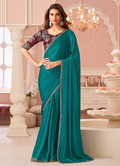 Chiffon Satin Teal Sequins Embroidered Patch Border Party Wear Saree