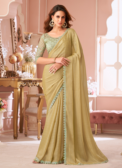 Sequins Embroidered Patch Border Yellow Georgette Party Wear Saree