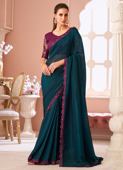 Peacock Blue Georgette Sequins Embroidered Patch Border Party Wear Saree