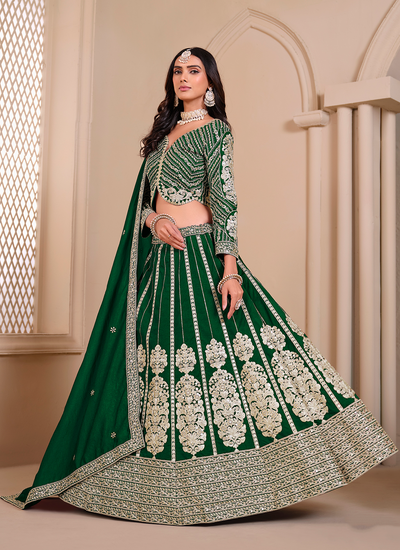 Green Shimmer Art Silk Sequins Golden Zari Embroidered Mehendi Wear Lehenga Choli