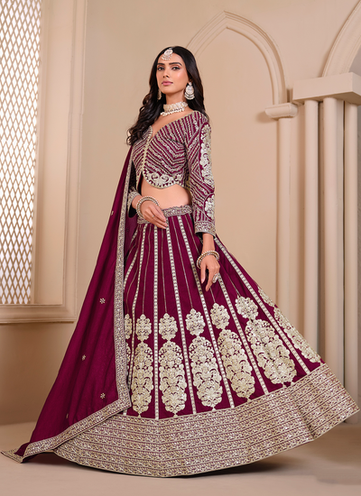 Shimmer Art Silk Burgundy Sequins Golden Zari Embroidered Festive Wear Lehenga Choli