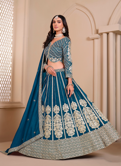 Engagement Wear Shimmer Art Silk Sequins Golden Zari Embroidered Ocean Blue Lehenga Choli