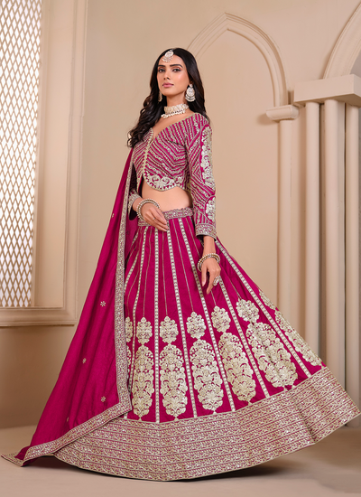 Magenta Festive Wear Sequins Golden Zari Embroidered Shimmer Art Silk Lehenga Choli