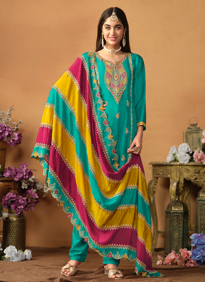 Teal Chinon Silk Multi Embroidered Pakistani Salwar Suit