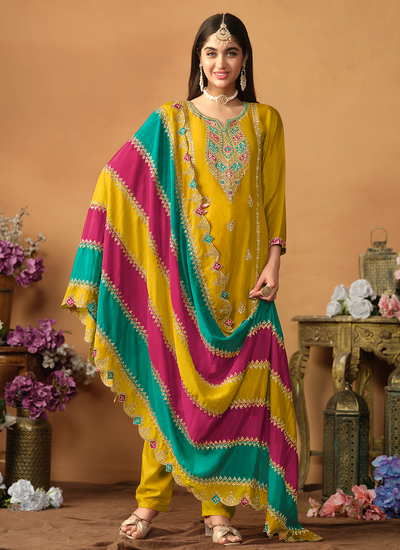 Mustard Multi Embroidered Chinon Silk Pakistani Salwar Suit