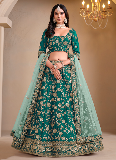 Designer Art Silk Teal Sequins Golden Zari Embroidered Mehendi Wear Lehenga Choli