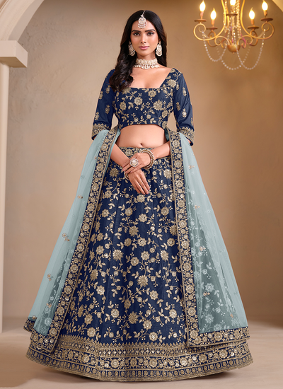 Engagement Wear Blue Sequins Golden Zari Embroidered Art Silk Lehenga Choli