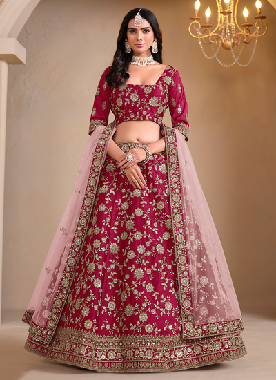 Art Silk Engagement Wear Sequins Golden Zari Embroidered Magenta Lehenga Choli