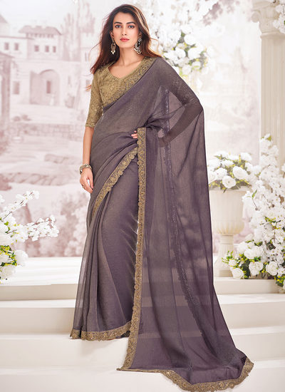 Lavender Shimmer Georgette Party Wear Embroidered Border Saree With Embroidered Blouse