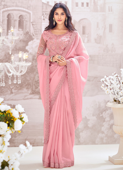 Pink Party Wear Chiffon Crush Sequins Embroidered Border Saree With Embroidered Blouse