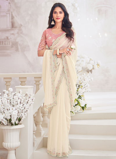 Chiffon Crush Cream Party Wear Sequins Embroidered Border Saree With Embroidered Blouse