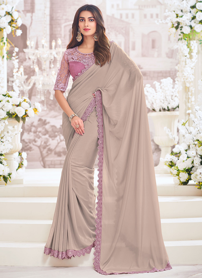 Sand Beige Chiffon Party Wear Sequins Embroidered Border Saree With Embroidered Blouse