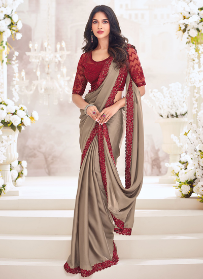 Satin Dark Beige Party Wear Sequins Embroidered Border Saree With Embroidered Blouse