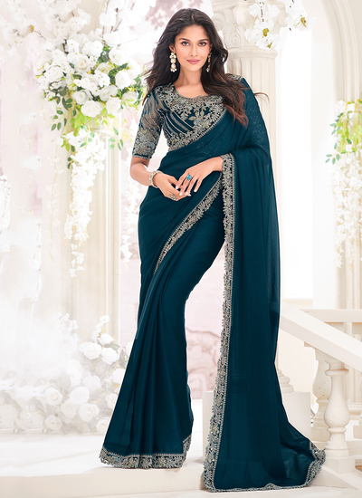 Shimmer Georgette Party Wear Sequins Embroidered Border Peacock Blue Saree With Embroidered Blouse