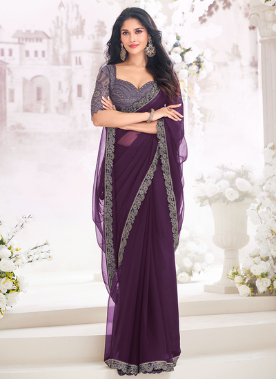 Chiffon Party Wear Sequins Embroidered Border Saree In Purple With Embroidered Blouse