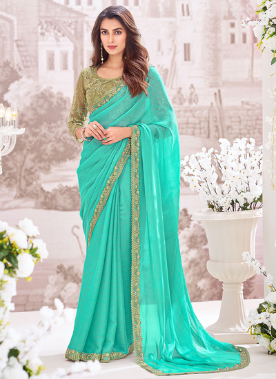 Turquoise Shimmer Georgette Party Wear Sequins Embroidered Border Saree With Embroidered Blouse