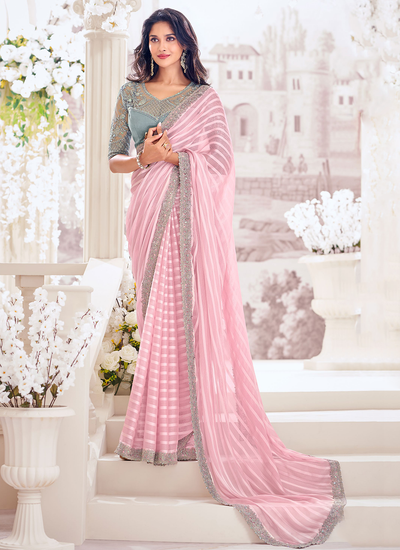 Georgette Satin Striped Baby Pink Party Wear Sequins Embroidered Border Saree With Embroidered Blouse