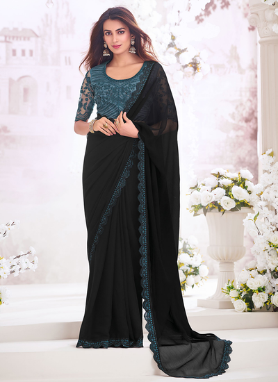 Party Wear Chiffon Black Sequins Embroidered Border Saree With Embroidered Blouse