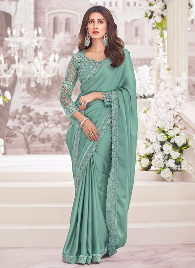 Sea Green Satin Party Wear Sequins Embroidered Border Saree With Embroidered Blouse