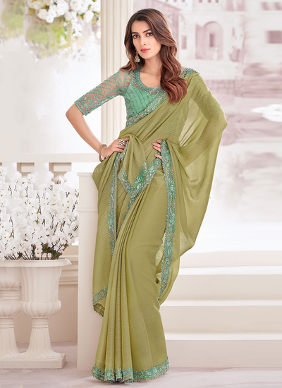 Sequins Embroidered Border Olive Shimmer Georgette Party Wear Saree With Embroidered Blouse