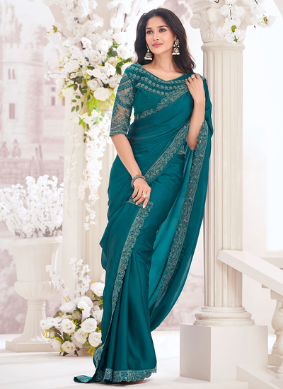 Teal Sequins Embroidered Border Two Tone Georgette Party Wear Saree With Embroidered Blouse (Copy)