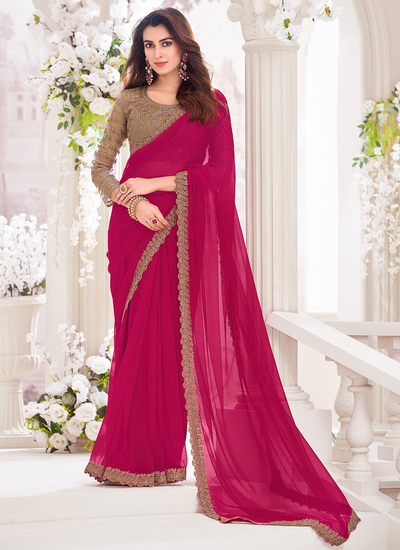 Chiffon Dark Pink Sequins Embroidered Border Party Wear Saree With Embroidered Blouse