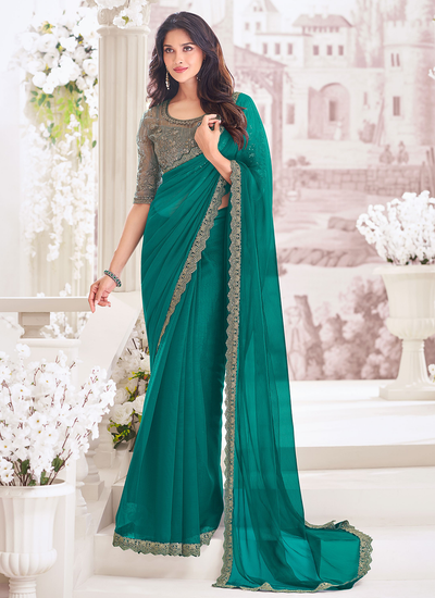 Chiffon Sequins Embroidered Border Green Party Wear Saree With Embroidered Blouse