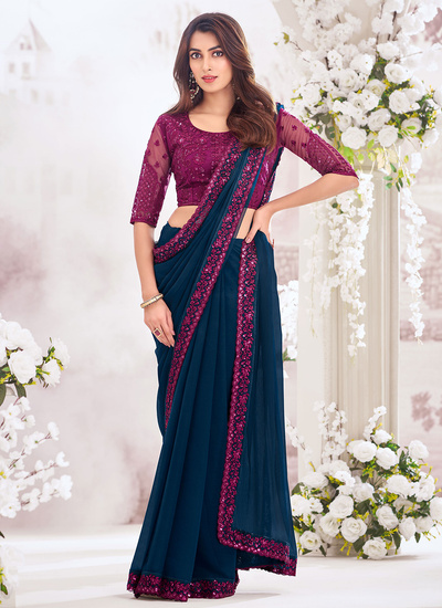 Blue Chiffon Sequins Embroidered Border Party Wear Saree With Embroidered Blouse