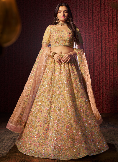 Sequins Thread Embroidered Net Beige Engagement Wear Lehenga Choli