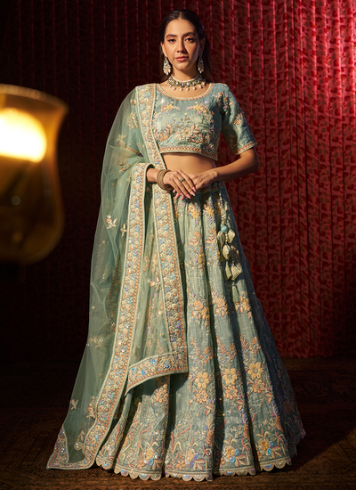 Engagement Wear Turquoise Organza Sequins Thread Embroidered Lehenga Choli