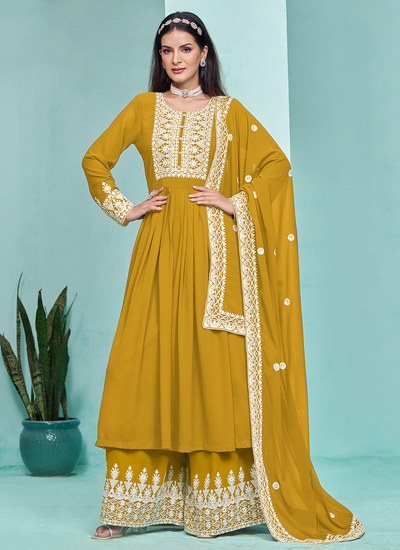 Faux Georgette Mustard Sequins Embroidered Festive Wear Palazzo Suit