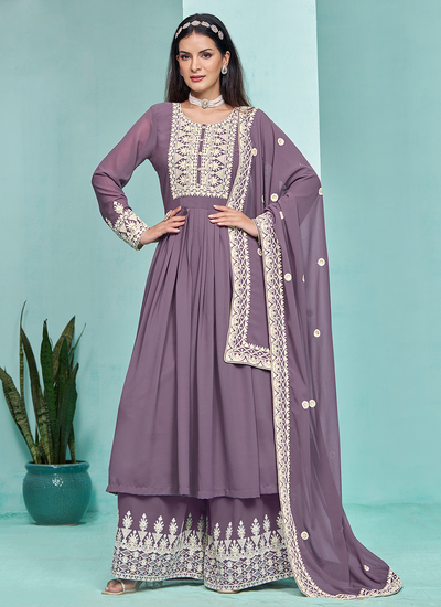 Lavender Faux Georgette Sequins Embroidered Festive Wear Palazzo Suit