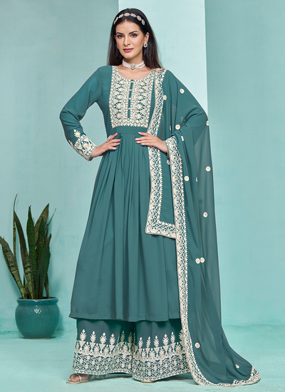 Festive Wear Faux Georgette Teal Sequins Embroidered Palazzo Suit