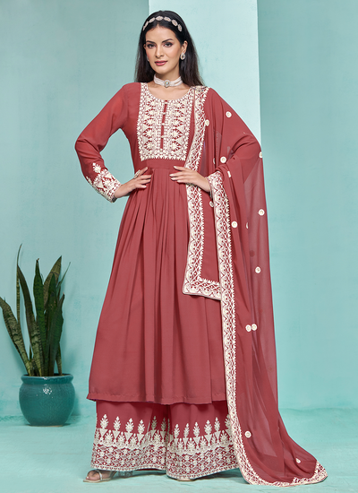 Sequins Embroidered Festive Wear Faux Georgette Rouge Palazzo Suit