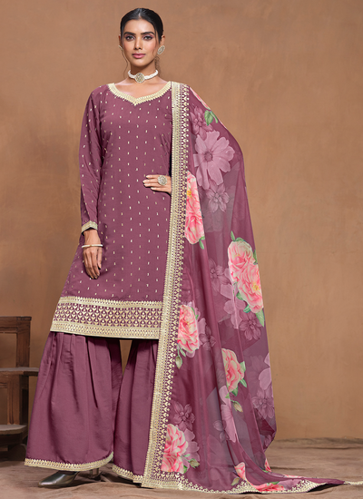 Silk Purple Embroidered Festive Wear Sharara Suit