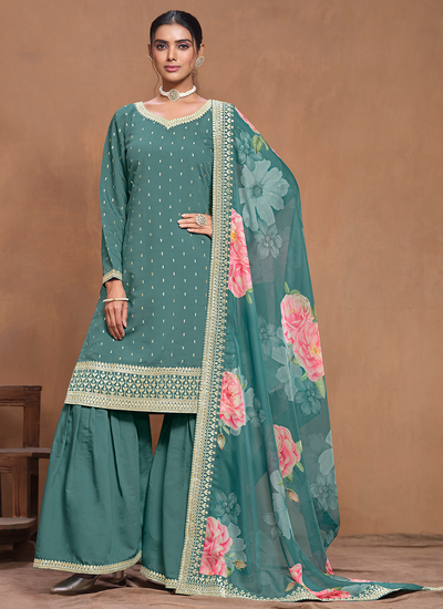 Teal Embroidered Silk Festive Wear Sharara Suit