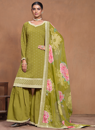 Festive Wear Pear Green Embroidered Silk Sharara Suit