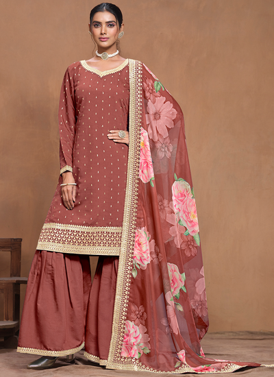 Copper Rust Festive Wear Embroidered Silk Sharara Suit