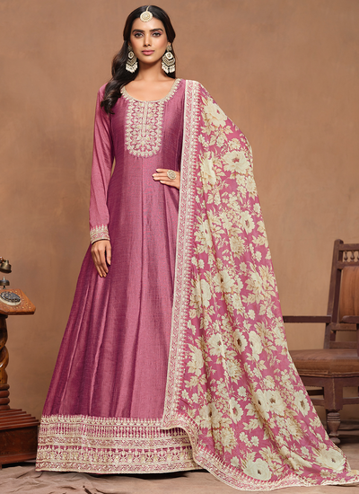 Onion Pink Art Silk Embroidered Wedding Anarkali Gown With Dupatta