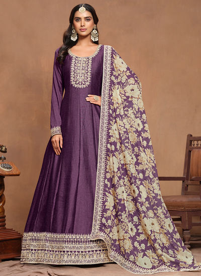 Art Silk Purple Embroidered Wedding Anarkali Gown With Dupatta