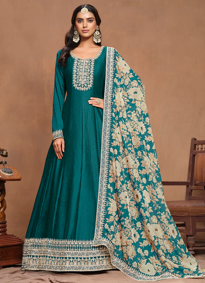 Teal Embroidered Art Silk Wedding Anarkali Gown With Dupatta