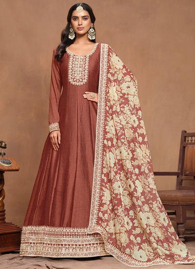 Embroidered Art Silk Rust Wedding Anarkali Gown With Dupatta