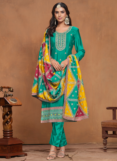 Festive Wear Turquoise Multi Embroidered Chinon Pant Salwar Suit