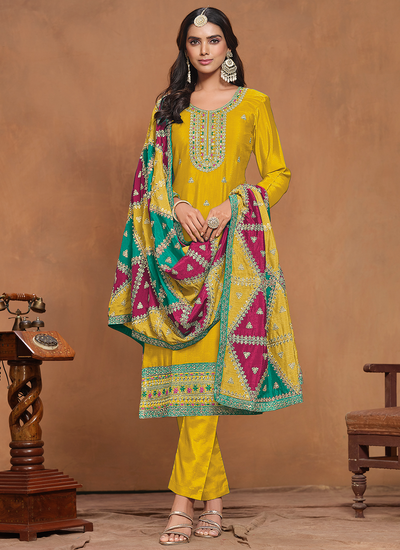 Chinon Festive Wear Multi Embroidered Mustard Pant Salwar Suit