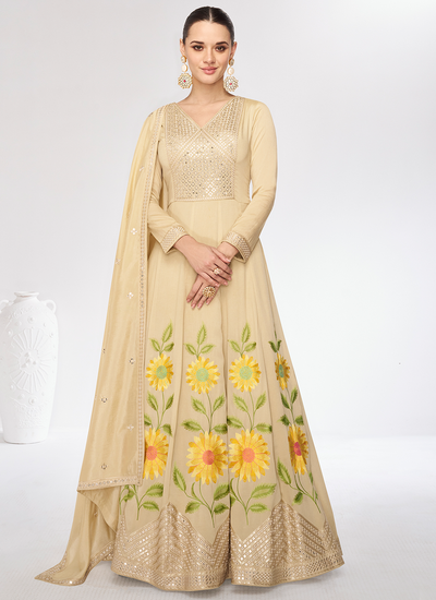 Sequence Embroidered Cream Traditional Anarkali Gown