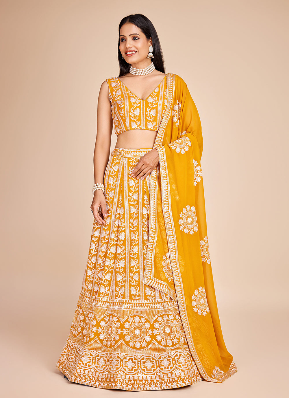 Indian Designer Yellow color Faux Georgette with 9mm+3mm Sequnce work lehenga choli with buy Dupatta, Haldiceremonylehenga,Chaniya choliforwomen