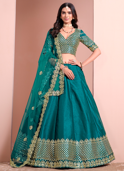 Festive Wear Teal Art Silk Sequins Embroidery Lehenga Choli